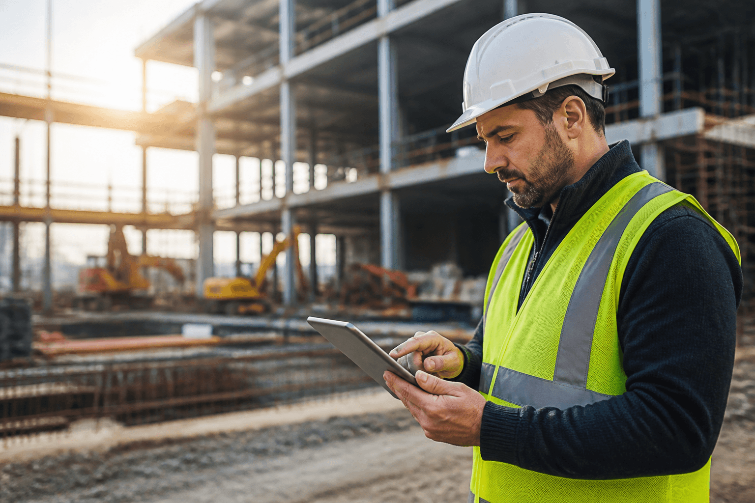 Contractor reviewing a construction proposal on a tablet at a job site