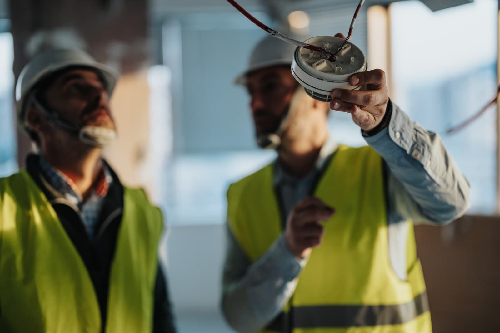 Two engineers in hard hats and high-visibility vests inspecting a wired smoke detector