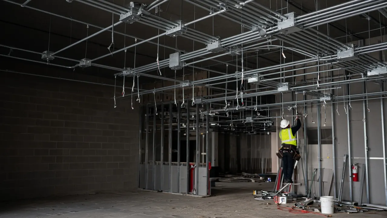Commercial electrical rough-in with exposed conduit and device boxes